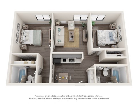 a 3d floor plan of a 1 bedroom apartment